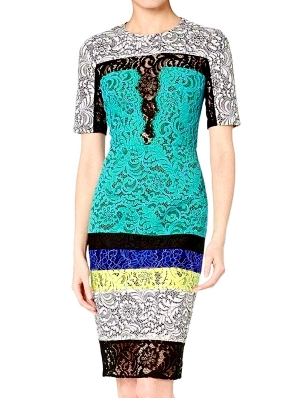 BCBGMAXAZRIA Patrice Lace Colorblock Midi Dress 6